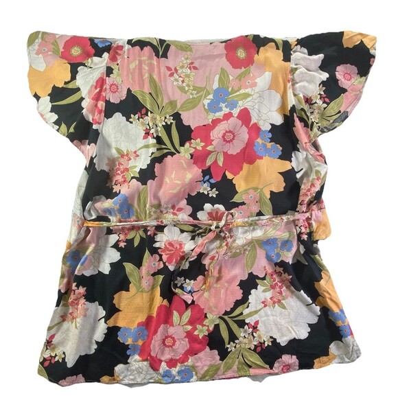 Jessica Simpson 2X Emilla Floral Tie Back Blouse Black Pink Flutter Sleeve - Picture 5 of 8